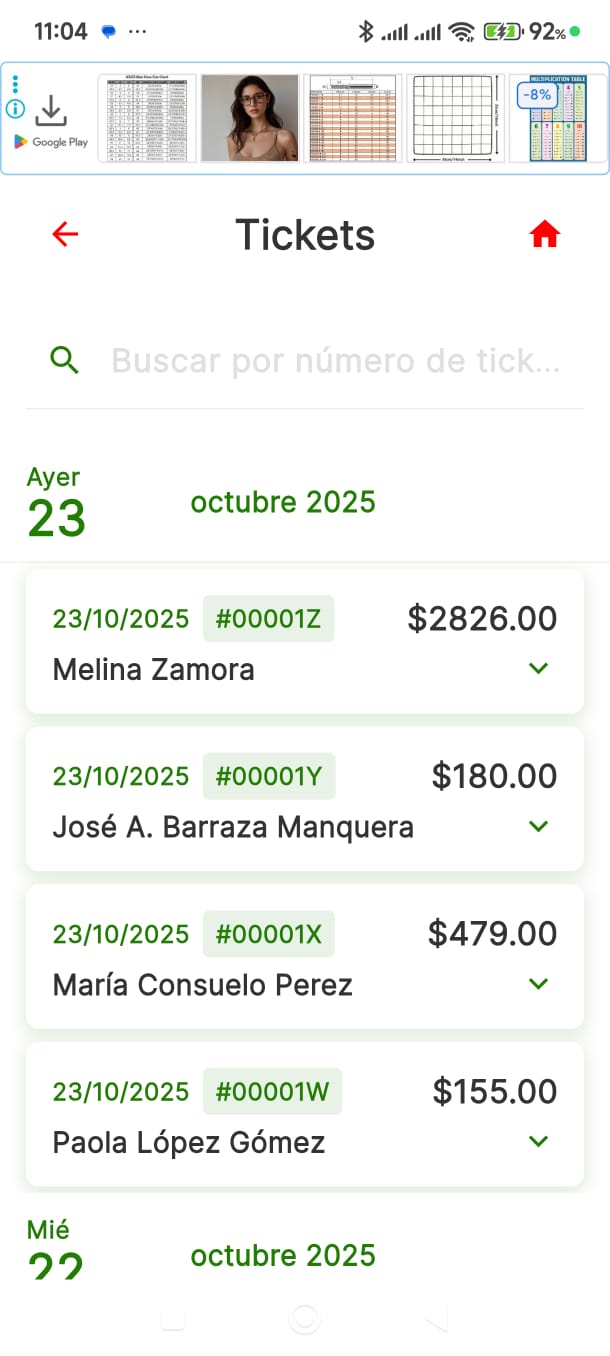 Historial de tickets de venta