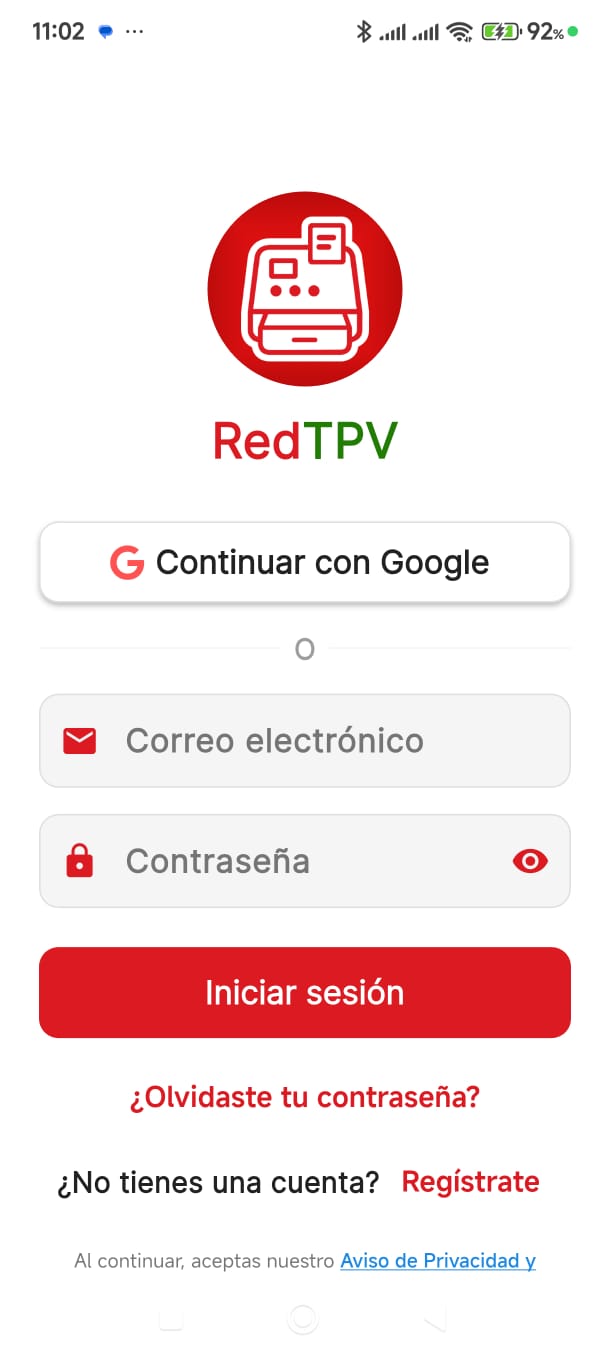 Pantalla de inicio de sesión de RedTPV