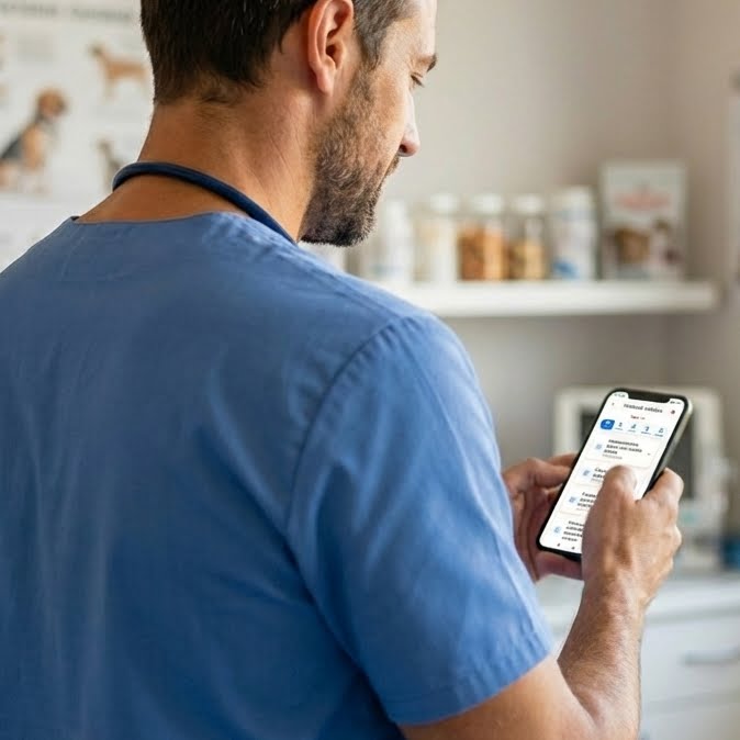 Veterinario usando RedVet en telefono