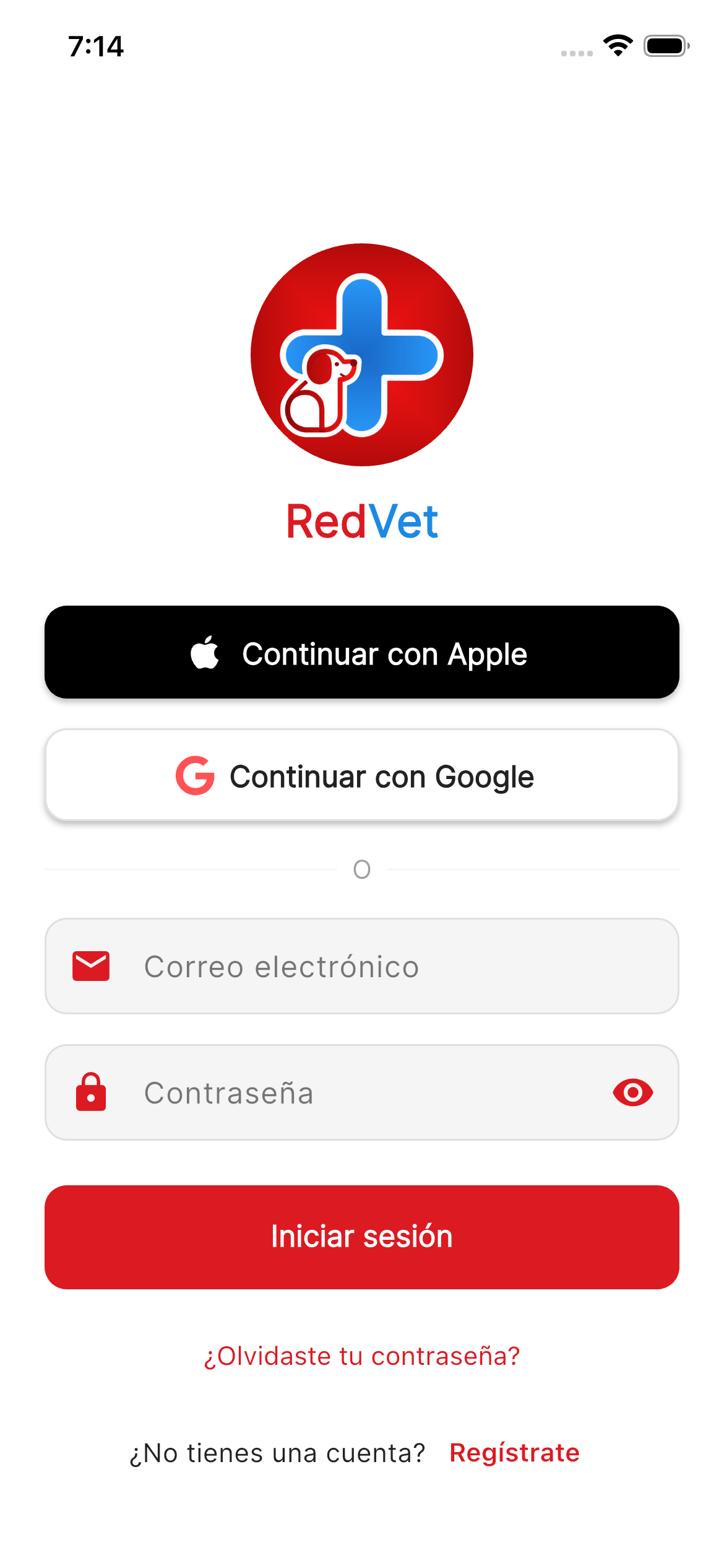 Pantalla de inicio de sesión de RedVet